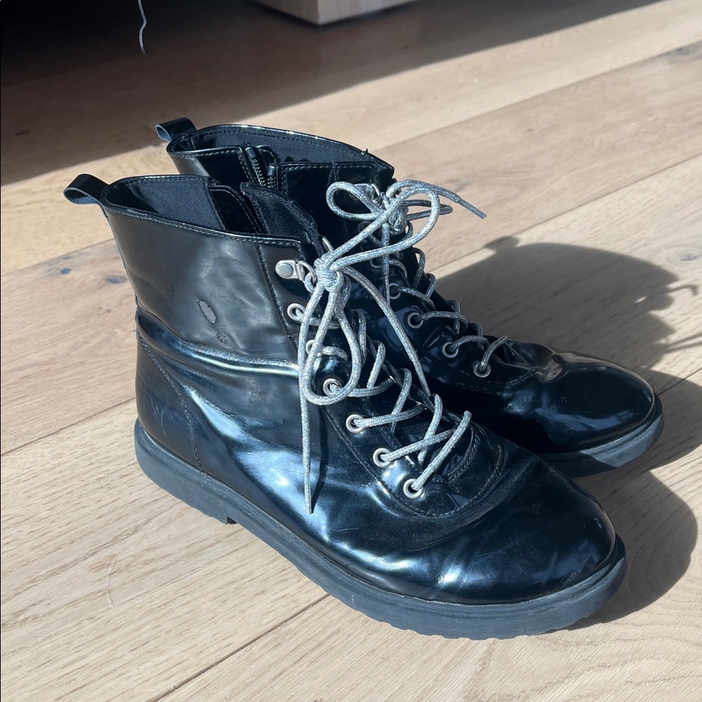 Black Lace-Up Combat Boots with Silver Laces